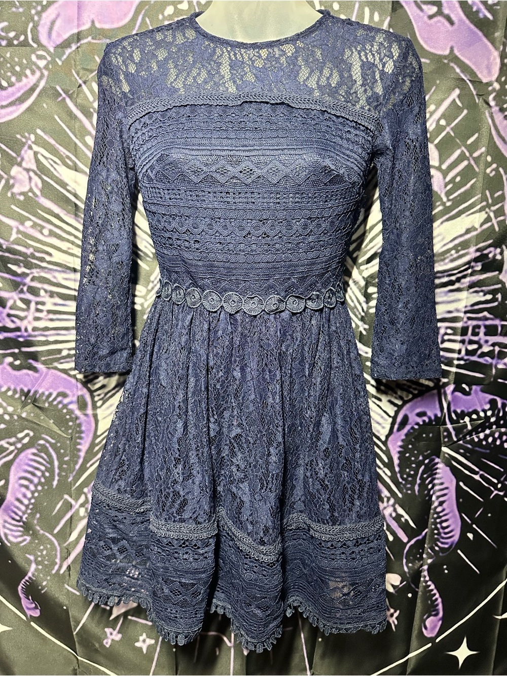 Navy Lace Long-Sleeve Fit & Flare Dress